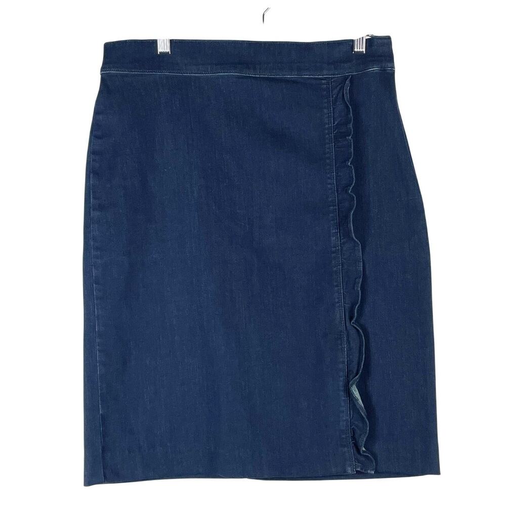 Ann Taylor Women's Denim Skirt Side Ruffle Faux Wrap Size 10 Stretch Straight